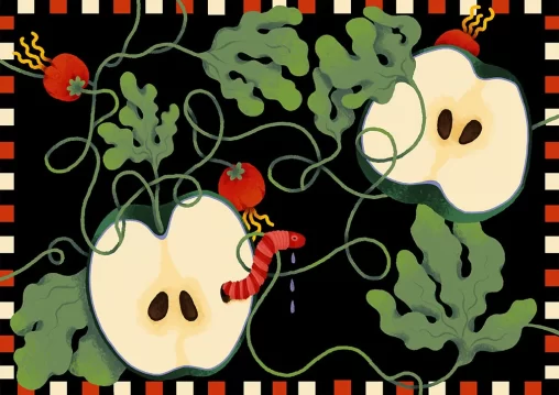 Crônica "Maçãs", publicada em 23/10/2025 no Jornal Rascunho. Ilustração: Bianca Rivetti Burattini. Disponível em: https://rascunho.com.br/cronistas/carolina-vigna/macas/