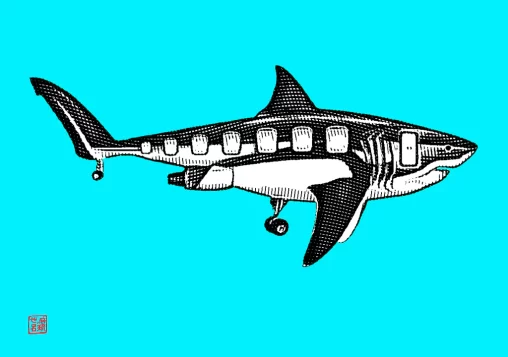 Crônica "Tubarões voadores", publicada em 12/06/2025 no Jornal Rascunho. Ilustração: Marcelo Frazão. Disponível em: https://rascunho.com.br/cronistas/carolina-vigna/tubaroes-voadores/