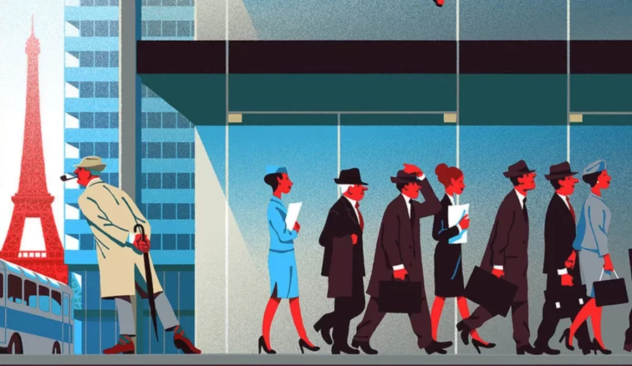 Crônica "De onde estamos", publicada no Rascunho em 04/05/2023. Ilustração: Detalhe do cartaz do filme “Playtime”, de Jacques Tati. https://rascunho.com.br/cronistas/carolina-vigna/de-onde-estamos/